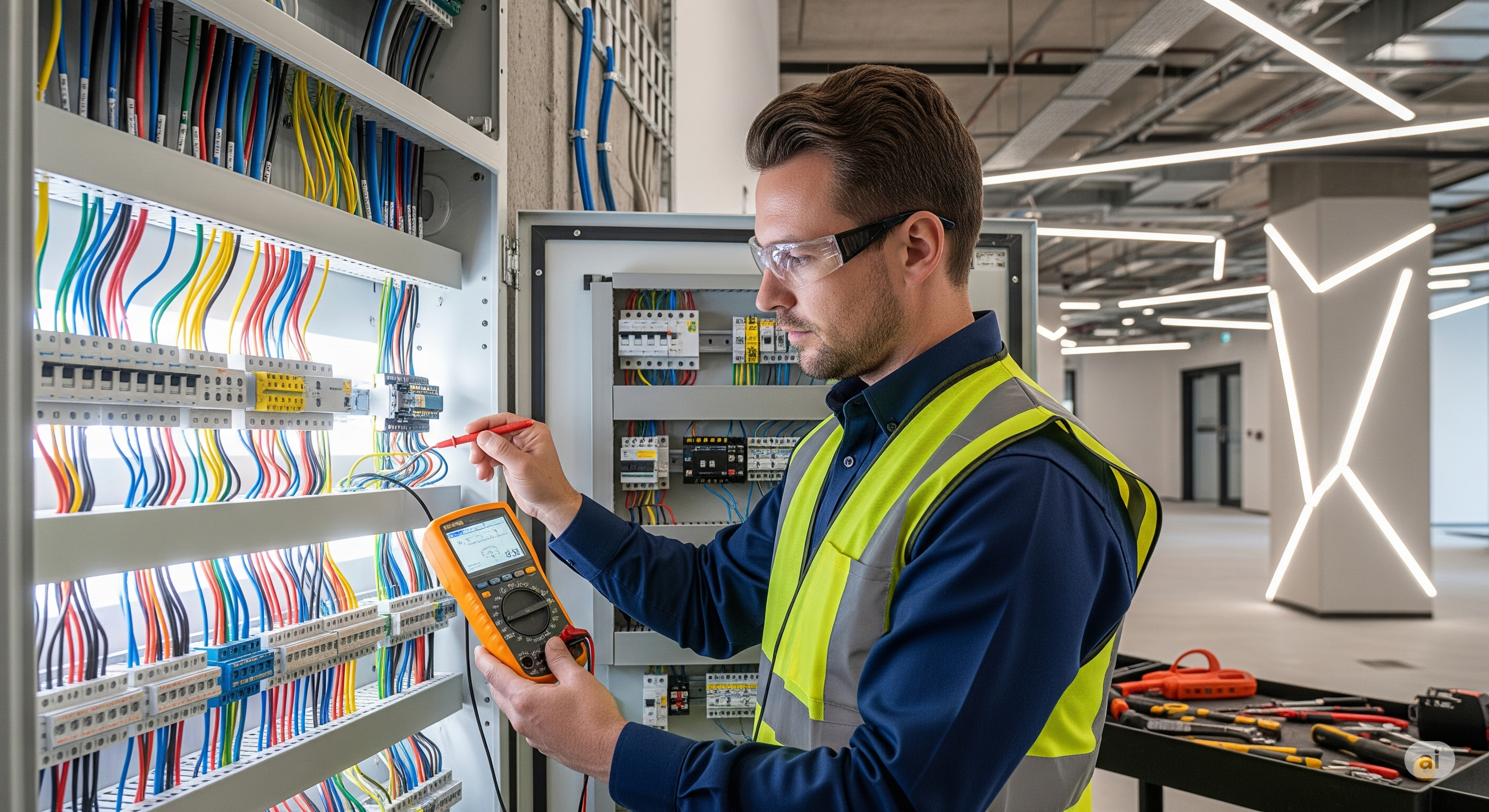 Eletricista realizando manutenção em um quadro de energia, representando segurança elétrica.